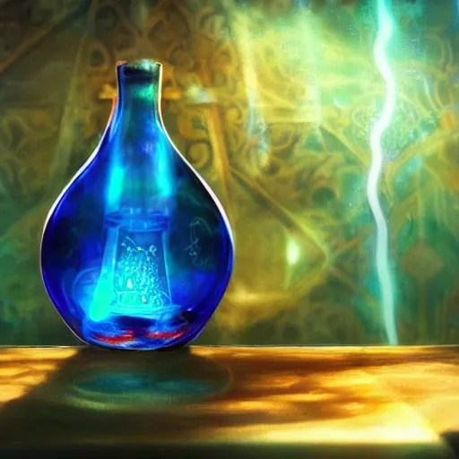 Prompt: striking digital art of a mana potion, glowing blue liquid in a glass flask, dramatic light, background = alchemist\'s workshop, god rays, wood table, medieval, lighting shining through a window, vibrant colors, trending on artstation