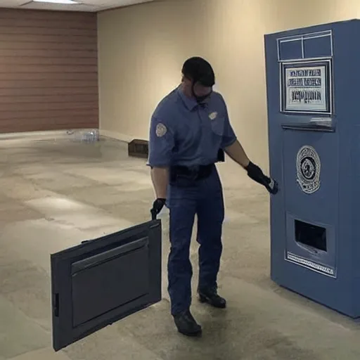 Prompt: cam footage of the fbi planting papers in a large safe, photo realistic,