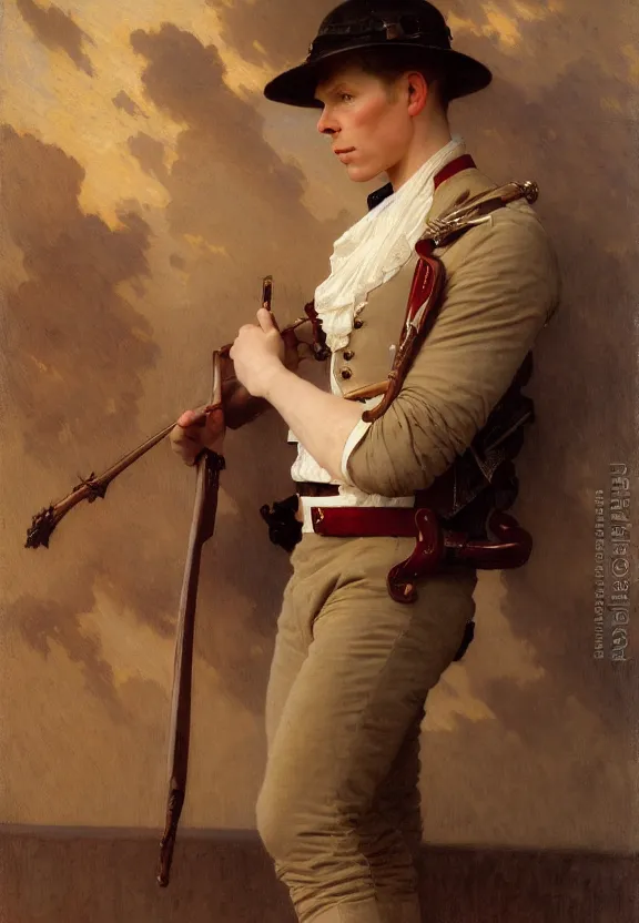Image similar to attractive handsome fully clothed christopher tietjens confesses his love for attractive fully armored valentine wannop. centered composition. highly detailed painting by gaston bussiere and j. c. leyendecker and william adolphe bouguereau and fra angelico and octane render, musee d'orsay 8 k