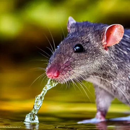 Image similar to close up photo of an australian swamp rat, drinking water from a lake in tasmania, bokeh, 4 0 0 mm lens, 4 k award winning nature photography