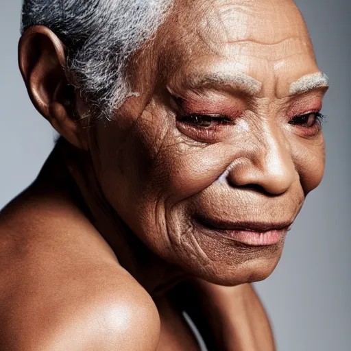 Prompt: a muted colors natural make-up portrait Photograph of an elderly black model, editorial story, British Vogue, editorial photography