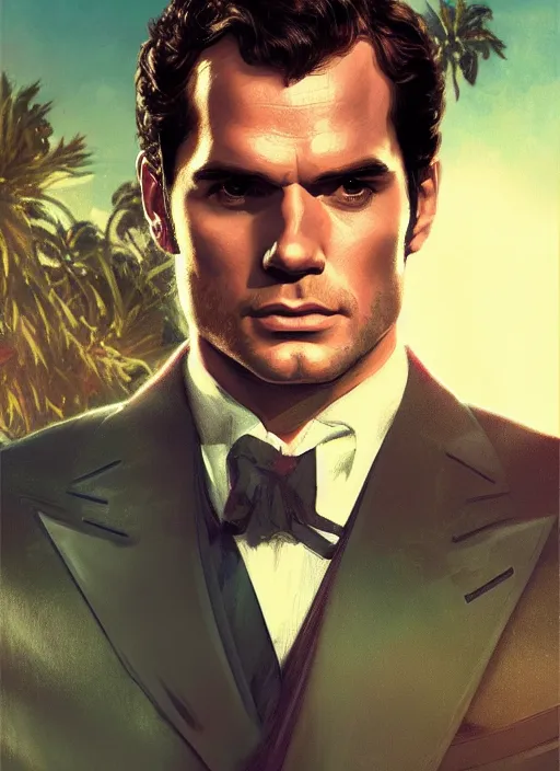 Image similar to portrait of henry cavill as james bond, key art, palm trees, vintage aston martin, highly detailed, digital painting, artstation, concept art, cinematic lighting, sharp focus, illustration, by gaston bussiere alphonse mucha