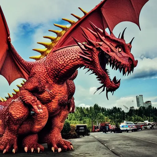 Image similar to <photo quality=hd+ mode='attention grabbing'>a huge dragon</photo>