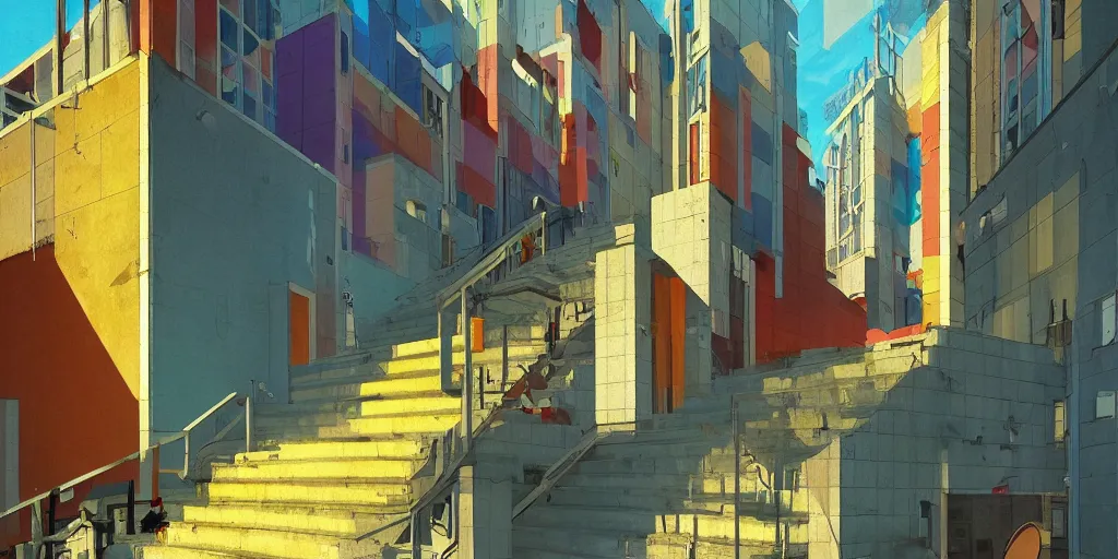 Image similar to neo brutralism, concrete housing, a long stairway going up, concept art, colorful, vivid colors, sunshine, light, shadows, reflections, oilpainting, cinematic, 3D, in the style of Akihiko Yoshida and Edward Hopper