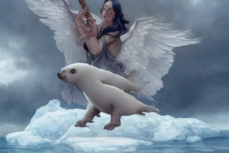 Prompt: harpies descending from the sky towards a baby harp seal on sea ice, with a gray and cool sky, ominous lighting, water color, art by artgerm and greg rutkowski and alphonse mucha and jin xiaodi and anthony devine