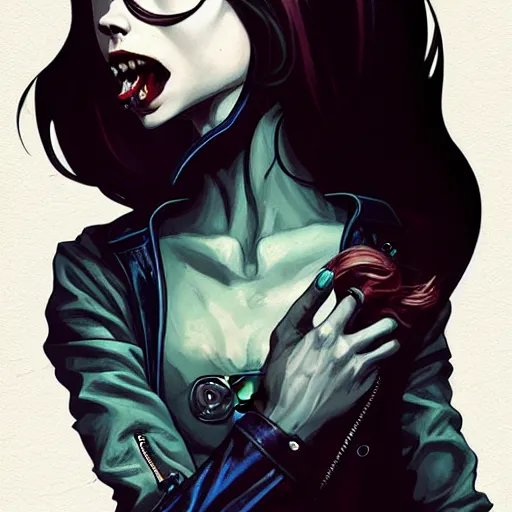 Image similar to rafael albuquerque comic art, art nouveau, peter mohrbacher, artgerm, pretty anya taylor - joy vampire sharp vampire teeth open mouth, black leather jacket, jeans, long blonde hair, full body