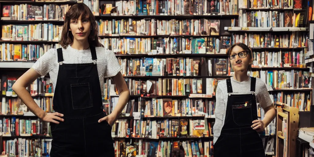 Prompt: A bookseller in black overalls shelves books in her bookshop, cinematic lighting, detailed collage, 4k