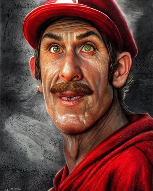 Image similar to portrait of super mario in lord of the rings, red cap, beautiful, very detailed, hyperrealistic, medium shot, very detailed painting by Glenn Fabry, by Joao Ruas