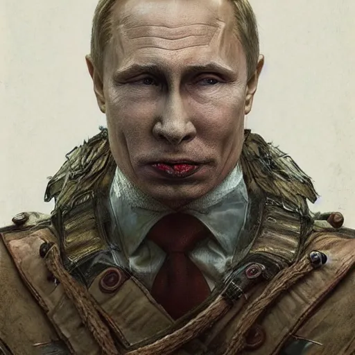 Image similar to a portrait of a putin as a zombie with its mouth and eyes sewn shut, full body, leather, hairy, d & d, fantasy, intricate, elegant, highly detailed, digital painting, artstation, concept art, smooth, sharp focus, illustration, art by artgerm and greg rutkowski and alphonse mucha