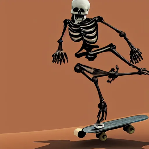 Prompt: Bored skeleton skateboarding in the desert, 4k, concept art