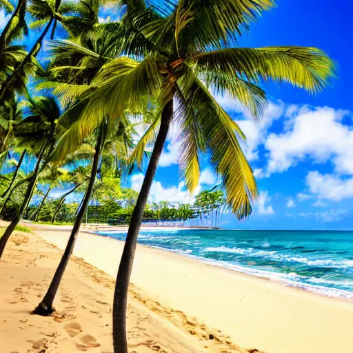 Image similar to a quiet beach in hawaii, pristine, waves, palm trees, sun in the sky, photography