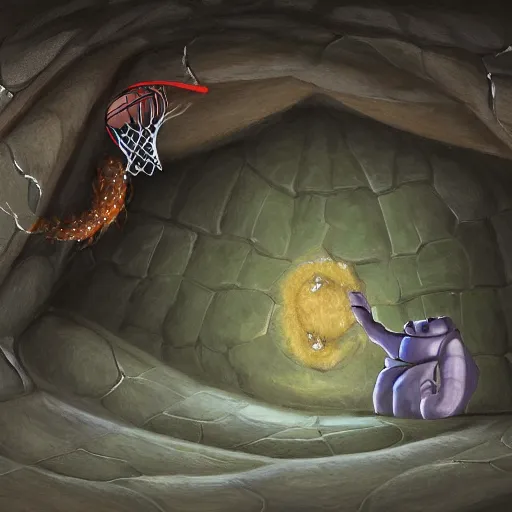 Image similar to a mimic jumping out of it's disguise as a basketball inside of a cave gnarling it's teeth ready to attack, fantasy, digital painting