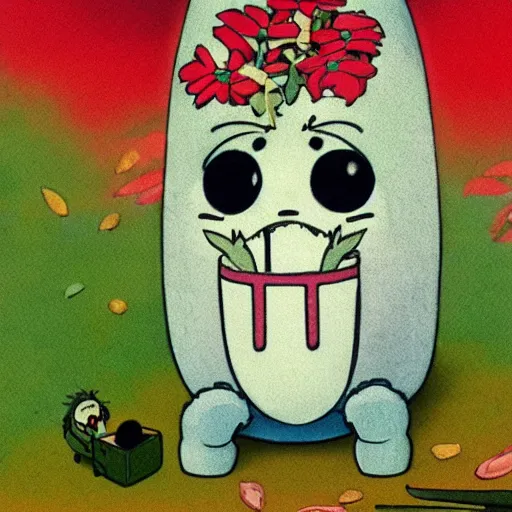 Image similar to creature sitting at the flower made by studio ghibli, detail, high quality