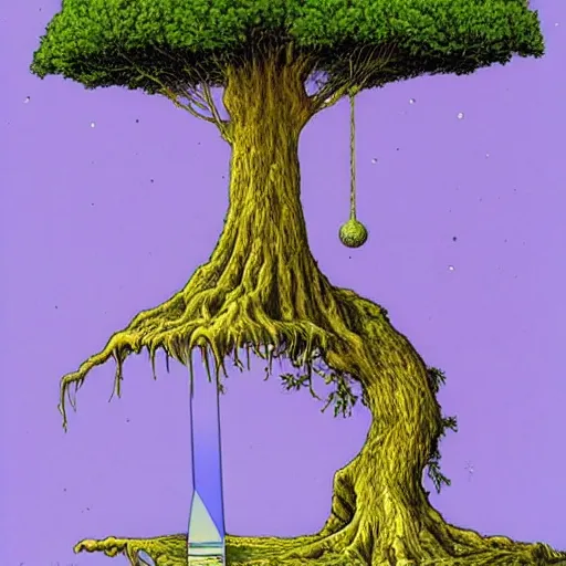 Prompt: a large tree growing from a floating crystal, by moebius