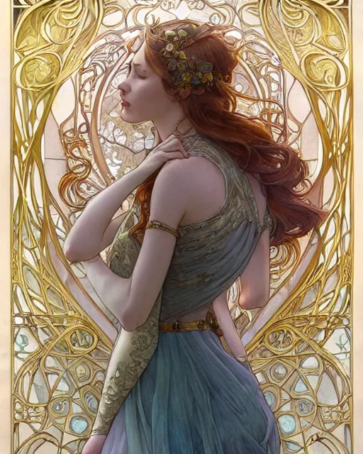 Image similar to secret romance, highly detailed, very intricate, art nouveau, gold filigree, romantic storybook fantasy, soft cinematic lighting, award - winning, disney concept art watercolor illustration by mandy jurgens and alphonse mucha and alena aenami, pastel color palette, featured on artstation