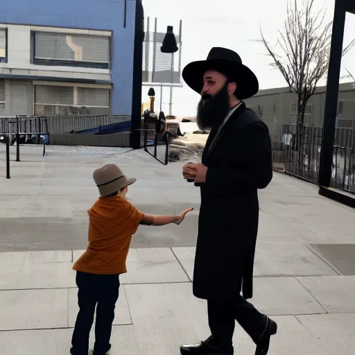 Image similar to discord moderator with a beard and fedora approaching a child