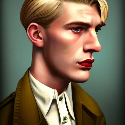 Image similar to A Hearts of Iron IV portrait of a blond young English male actor with high cheekbones. Dressed in 1940s style. Highly detailed, fine Art, high detail, great lighting, 8k resolution, masterpiece, concept art, illustration, clear eyes, painting oil on canvas, octane render, HDR, trending on artstation, 4k, 8k, HD