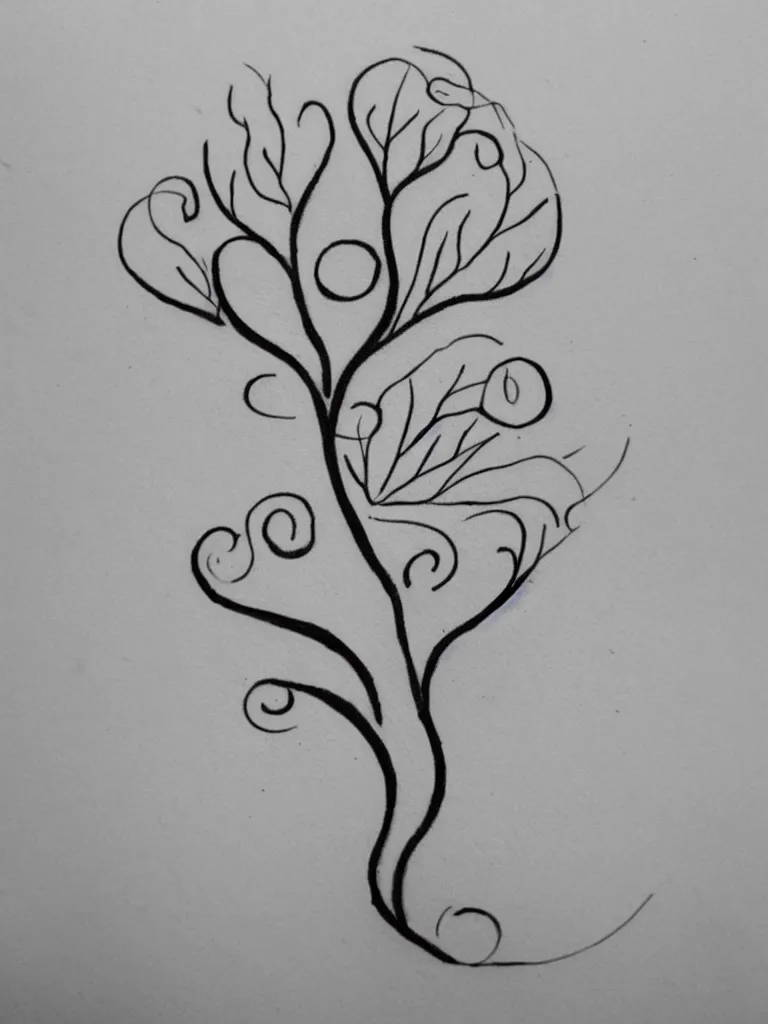 Prompt: a clean single line drawing sketch for a tattoo, acorn that turns into a tree that is also a treble clef with scar line in the middle, clean single line tattoo with color bursts when crossing scar