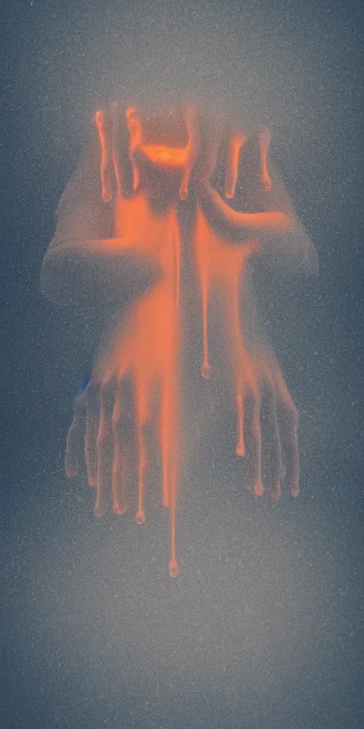 Image similar to a blurry closeup picture of hands around neck, dripping wet, no face, macro photography, long exposure photograph, surrealism, anamorphic bokeh, cozy, soft light, cyan and orange, caustic, atmospheric fog, octane render, cinematic