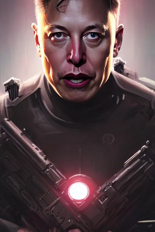 Image similar to elon musk as punisher, realistic portrait, symmetrical, highly detailed, digital painting, artstation, concept art, smooth, sharp focus, illustration, cinematic lighting, art by artgerm and greg rutkowski and alphonse mucha