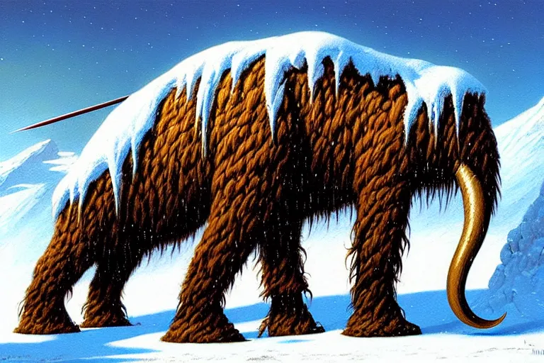 Prompt: classic oil painting, a mammoth that was stabbed with tons of steel arrows, as a dnd character, in the snowy tundra, highly detailed, digital illustration, concept art, smooth, sharp focus, art by greg hildebrandt, and tim hildebrandt