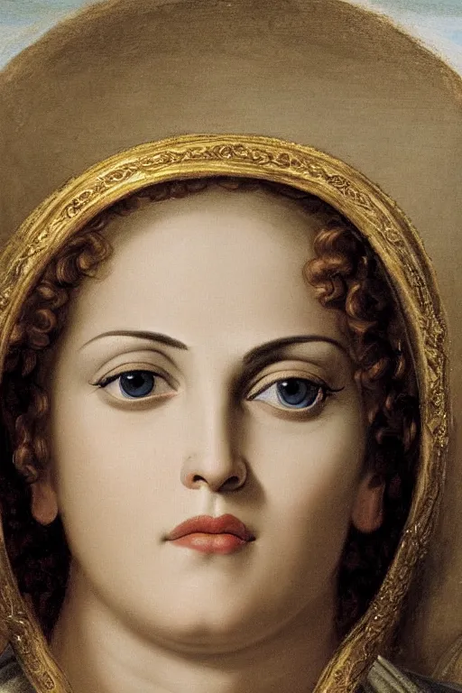 Prompt: Madonna, face closeup, dressed in roman clothes, ultra detailed, art by Guido Reni style