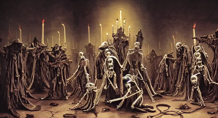 Image similar to photo of undead skeletons performing a sacred blasphemous mind-bending ritual, style of Wayne Barlowe, lavish rococo baroque setting, fashion-photography, unholy ceremony, sacrilegious rite, evil, menacing, ominous, threatening, sinister, malevolent. Highly-detailed, photographic, cinematic, dramatic, establishing shot