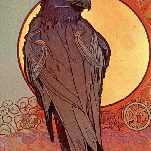 Prompt: a raven in front of a red moon by alphonse mucha