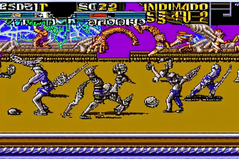 Prompt: ancient sumerian snes 2 d fighting game gameplay screenshot