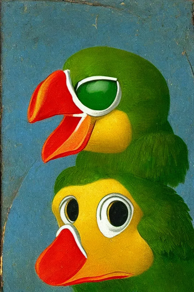 Image similar to a renaissance portrait of donald duck as a green parrot, beautiful intricate painting