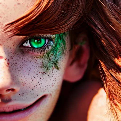 Image similar to portrait of a cute thin young woman, bronze brown hair, eye color is emerald green, red blush, cute freckles, smug smile, modern clothes, relaxing on the beach, golden hour, close up shot, 8 k, art by irakli nadar, hyperrealism, hyperdetailed, ultra realistic