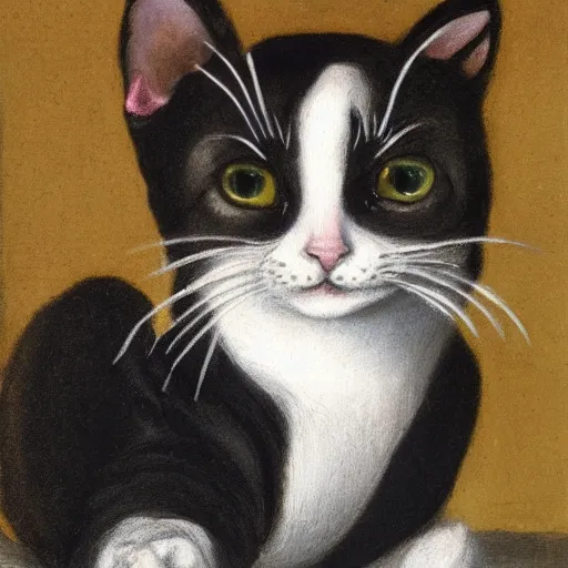 Prompt: portrait painting of an adorable tuxedo kitten in renaissance clothing in the style of Albrecht Duerer