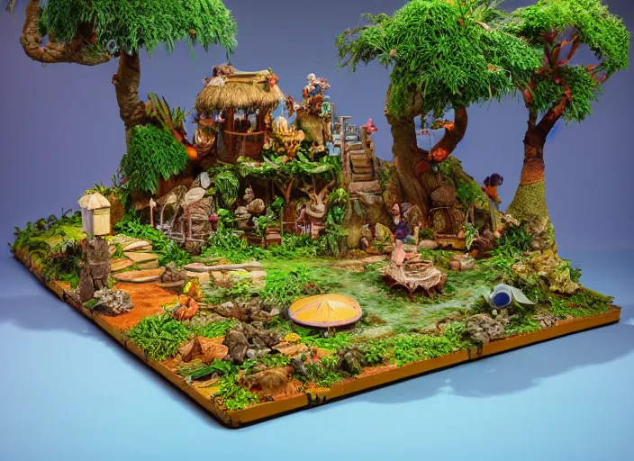 Image similar to detailed studio photography of a fantasy claymation diorama of an isometric tropical island game level design, zeiss lens, detailed, by erwin olaf, joop geesink, wes anderson, jim henson, brian froud, breathtaking, 8 k resolution, beautiful lighting, studio light, extremely detailed, establishing shot, realistic materials, hyperrealistic