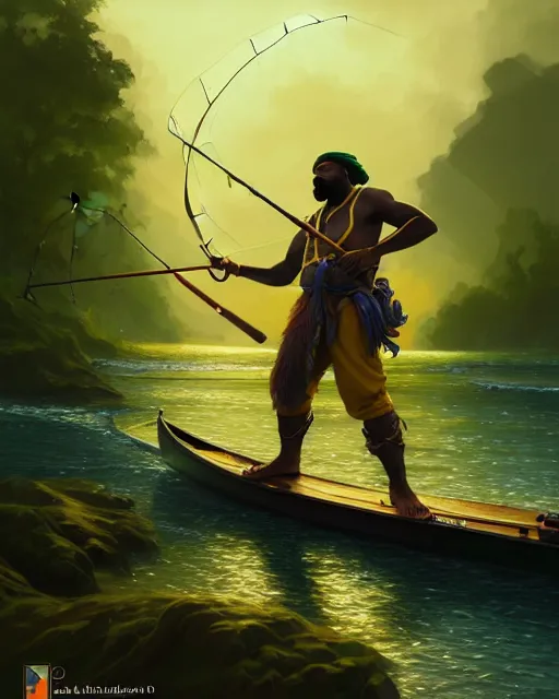 Image similar to fisherman, male, Jamaican, wide angle, yellows blacks greens reds, magical fishing rod weapon, D&D, fantasy, intricate, elegant, highly detailed, digital painting, artstation, octane render, concept art, matte, sharp focus, illustration, hearthstone, art by Artgerm and Greg Rutkowski and Alphonse Mucha