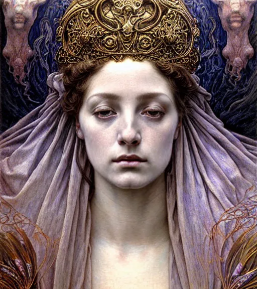 Image similar to detailed realistic beautiful young medieval queen of jupiter face portrait by jean delville, gustave dore and marco mazzoni, art nouveau, symbolist, visionary, gothic, pre - raphaelite. horizontal symmetry by zdzisław beksinski, iris van herpen, raymond swanland and alphonse mucha. highly detailed, hyper - real, beautiful