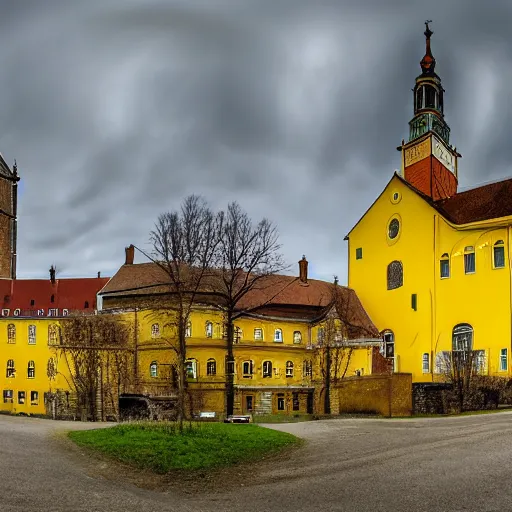 Image similar to a large yellow building with a steeple on top of it, a flemish baroque by karl stauffer - bern, unsplash, heidelberg school, panorama, wimmelbilder, on a hill, sadness, dark ambiance, by banksy