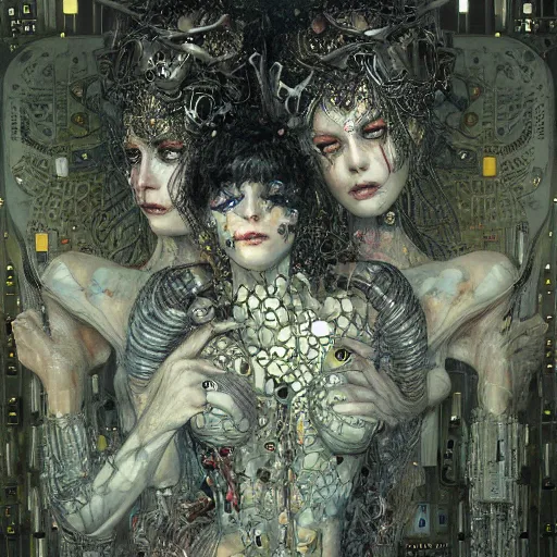 Image similar to horned cybernetic demon lovers trapped in circuitry, intricate detail, klimt, royo, whealan,