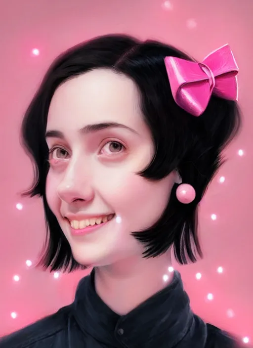 Image similar to portrait of teenage girl, realistic, black hair, bangs, half updo hairstyle, pointy nose, skinny, smile, ugly, defined jawline, big chin, pink hair bow, earrings, intricate, elegant, glowing lights, highly detailed, digital painting, artstation, sharp focus, illustration, art by wlop, mars ravelo and greg rutkowski