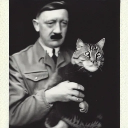 Prompt: polaroid of hitler holding a cat, dramatic backlighting