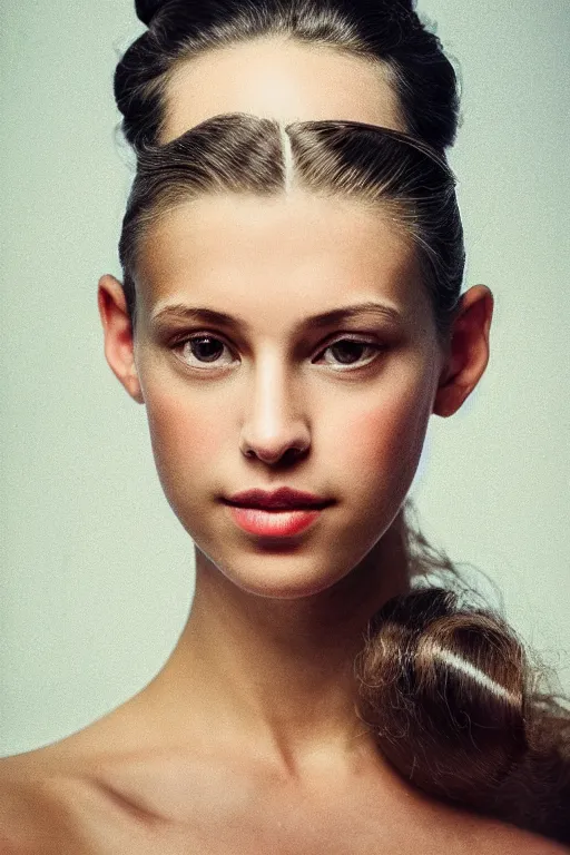 Prompt: photo portrait of the most beautiful woman, head centered portrait, hair styled in a bun, enigmatic natural beauty, little smile, head in focus, elegant, seducing, highly detailed, artistic, concept art, painterly, shot with hasselblad, photography, sharp focus, volumetric lights, art style by annie leibovitz and man ray