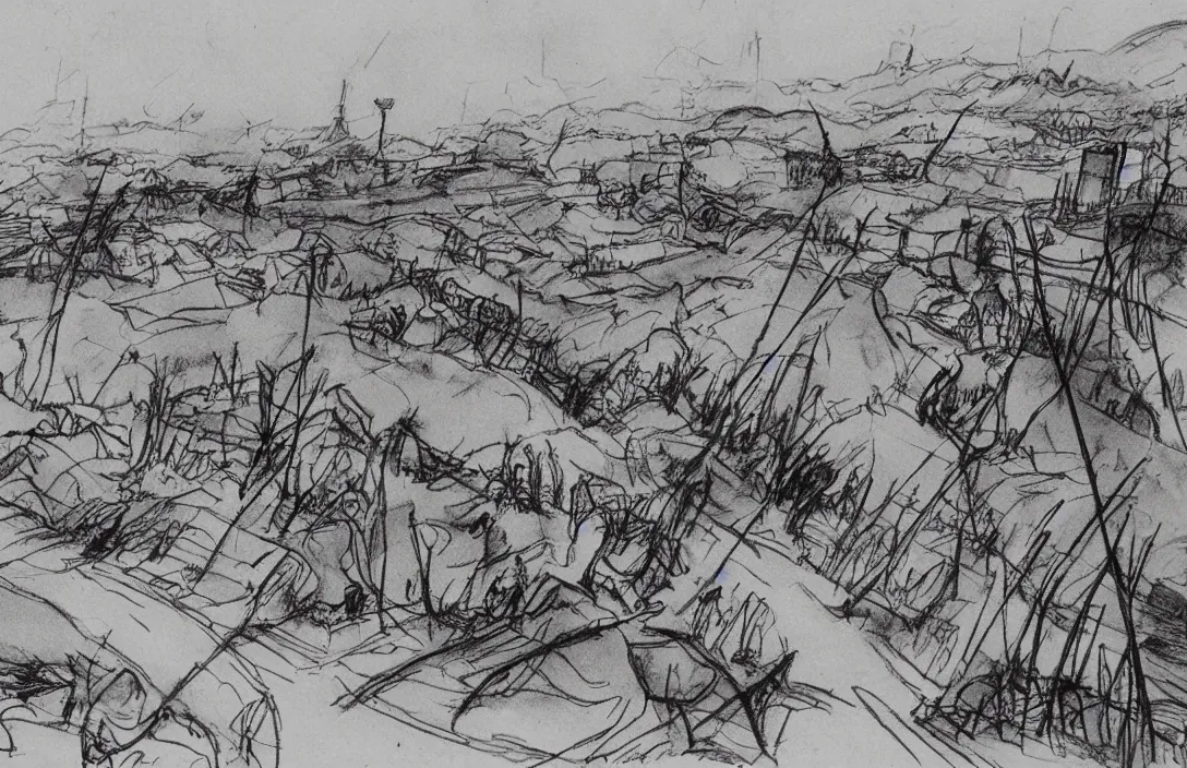 Image similar to milt kahl sketch of world war 1 trenches with the city of miami in the background