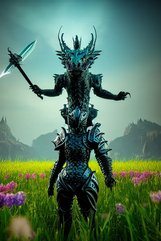 Image similar to high quality 3 d neo - gothic armored human dragon hybrid holding sword in a field of flowers, highly detailed unreal engine, vitaly bulgarov dramatic dark teal light, ground angle uhd 8 k, sharp focus