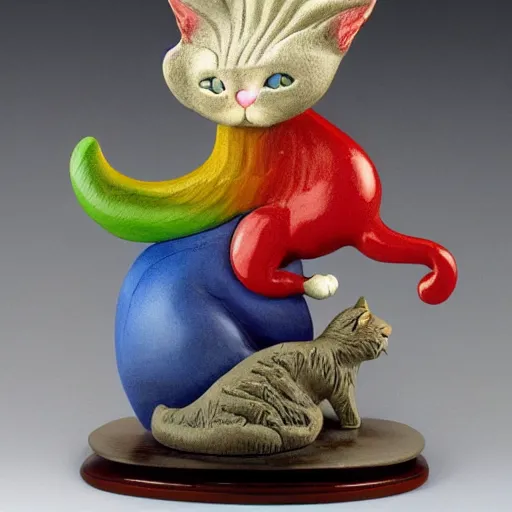 Prompt: clay model statue flowing rainbow cat by susan herbert and hiroshige ii and theophile steinlen and louis wain and min zhen and arthur rackham and pierre bonnard and bonnie mclean and wes wilson, 8 k, artstation