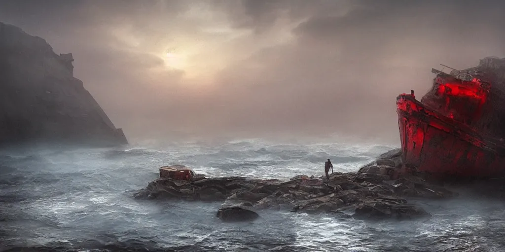 Prompt: “ a roman in a red tunic crawls from the ocean onto a rocky beach in fog ” “ a wrecked roman ship in ocean. ” dark fantasy, cinematic, very detailed, mist, volumetric lighting, golden ratio, vivid, trending on artstation, 4 k matte painting,