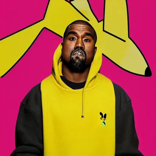 Image similar to Kanye West in a yellow pikachu! hoody, Studio Photograph, portrait C 12.0