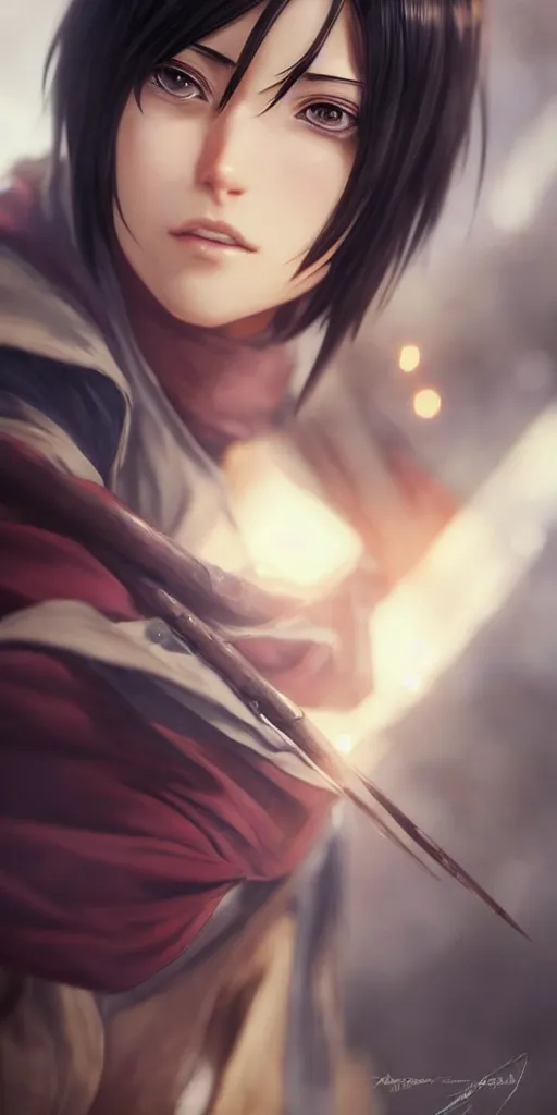 Image similar to mikasa ackerman, hero pose, medium shot, bokeh, beautiful face!!!!, 2 7 years old, cg animation, lifelike, animated, realistic, character select portrait, by artgerm, greg rutkowski, alphonse mucha, 3 d