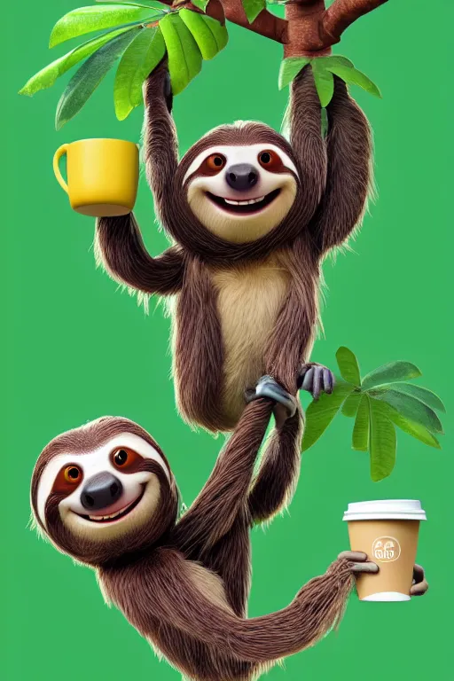 Image similar to one happy sloth climbing a tree in a tropical forest holding one cup of coffee on his hand . Pixar Disney 4K 3d render funny animation movie Oscar winning trending on ArtStation and Behance. Ratatouille style.