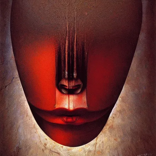 Image similar to beksinski, zdzisław - her eyes wide, oil on canvas