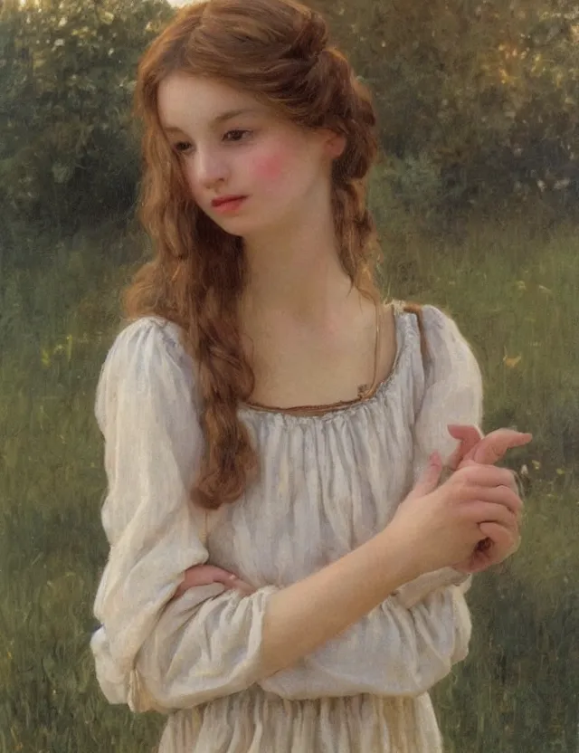 Image similar to girl peasant girl with décolleté showing shhh 🤫 sign, portrait , lolita aesthetics, Cottage, Cinematic focus, Polaroid photo, vintage, neutral colors, soft lights, foggy, by Steve Hanks, by Serov Valentin, by lisa yuskavage, by Andrei Tarkovsky, by Terrence Malick, 8k render, detailed, oil on canvas