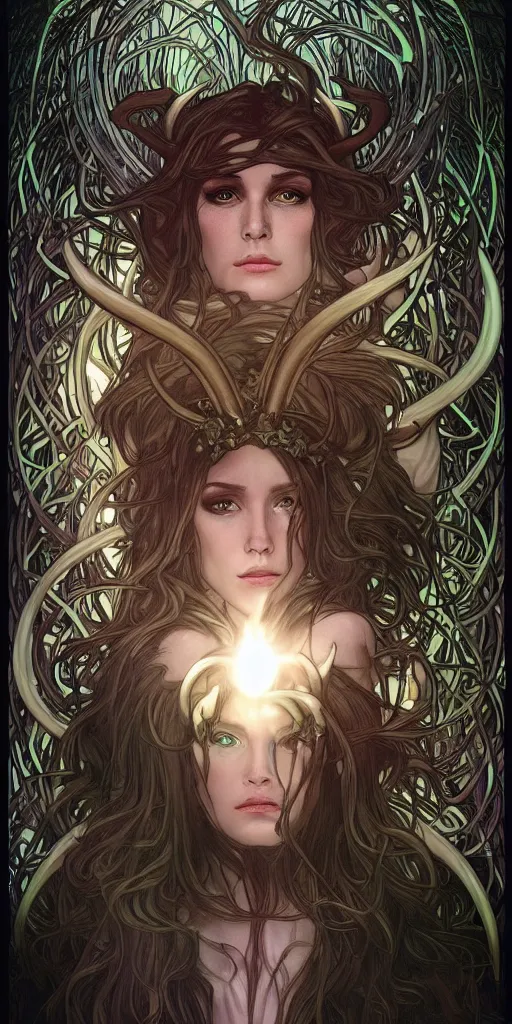 Prompt: intense bioluminescent glowing pagan god with horns and pure black eyes in very dark forest by artgerm and alphonse mucha, portrait, fantasy, clear, light beams, lens flare, intense, uhd, amazing depth, cinematic lighting